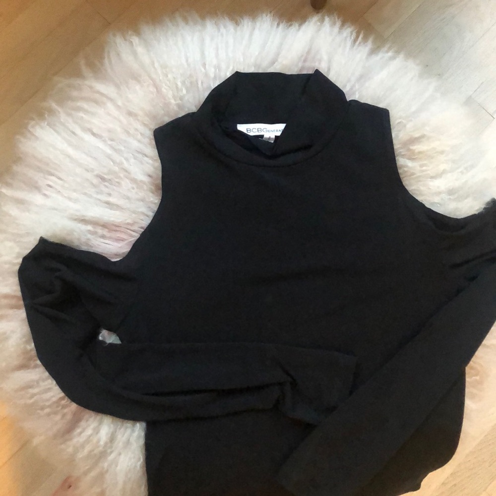 Black mock turtleneck cold shoulder bodysuit